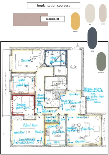 Plan d'implantation des couleurs avec teintes Moonlight, Sunshine et Abyss pour le boudoir.