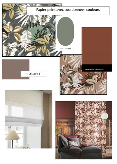 Projet couleur papier peint motif feuille, échantillons peinture Vallauris, store roman et canapé gris.