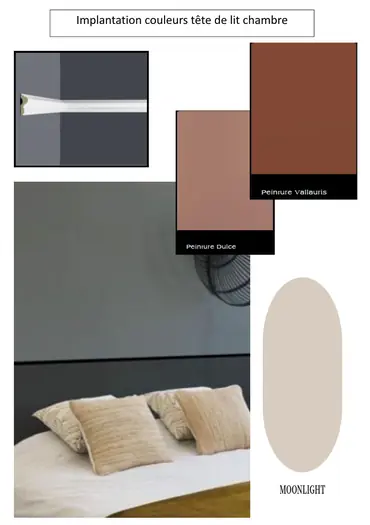 Implantation couleurs tête de lit chambre avec peinture bicolore gris et échantillons Vallauris Dulce Moonlight