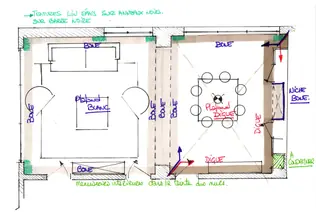 Plan colorisé projet couleur indiquant peinture teintes boue digue et tentures lin épaisses.