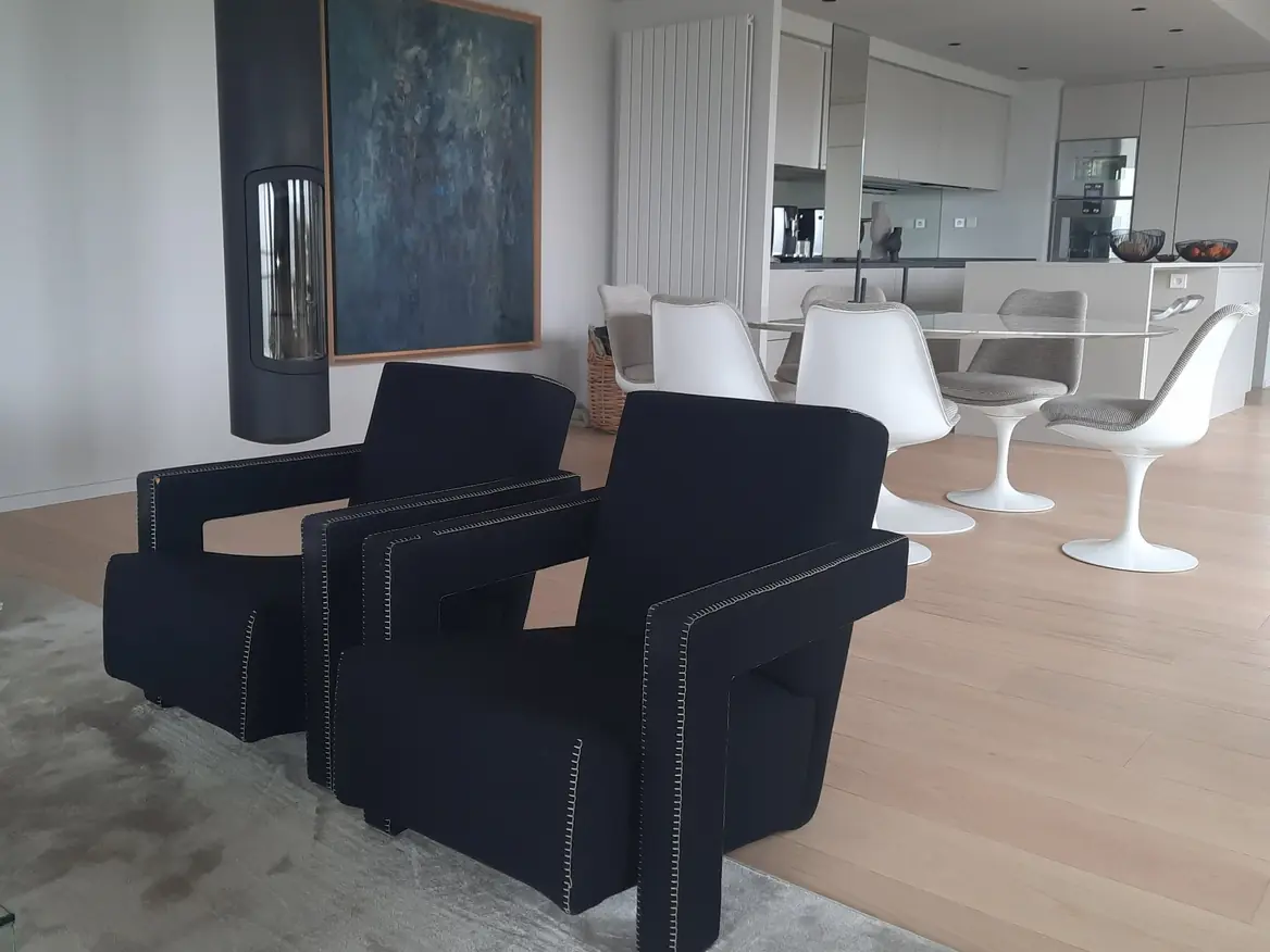 Salon lumineux aux murs peints finition velours claire et sol en parquet clair.